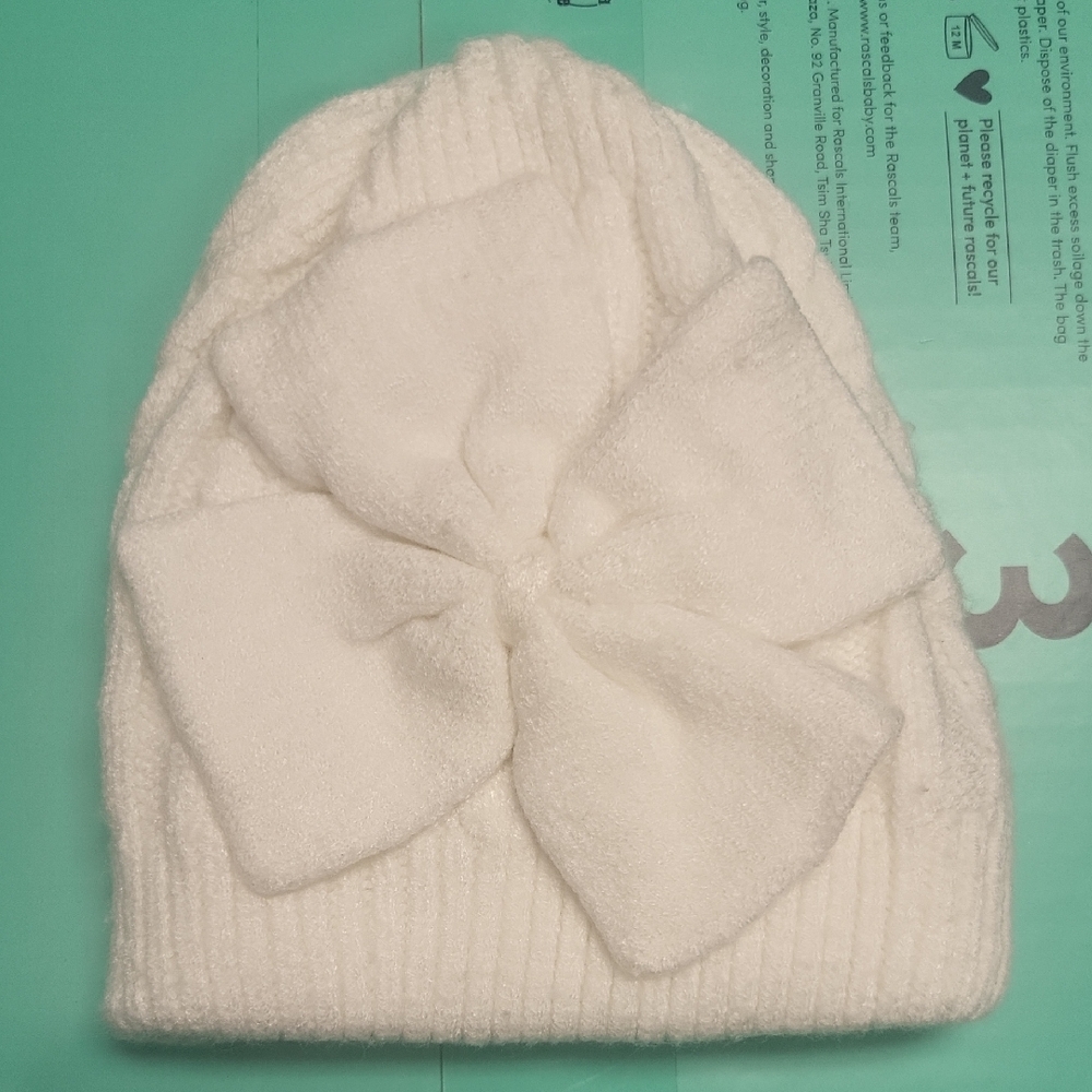 White Knit Beanie with Bow